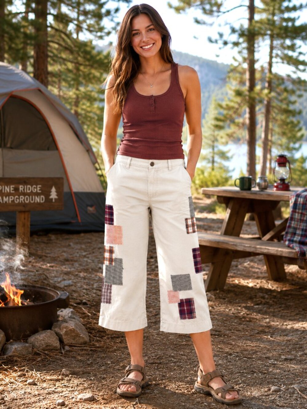 Upcycled Boho Patchwork Cropped Pants Khaki Capris Travel Leisure Wear Size 8